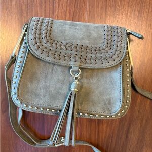 Francesca’s Olive Green Suede Tassel Crossbody Bag - Braided & Studded Detail